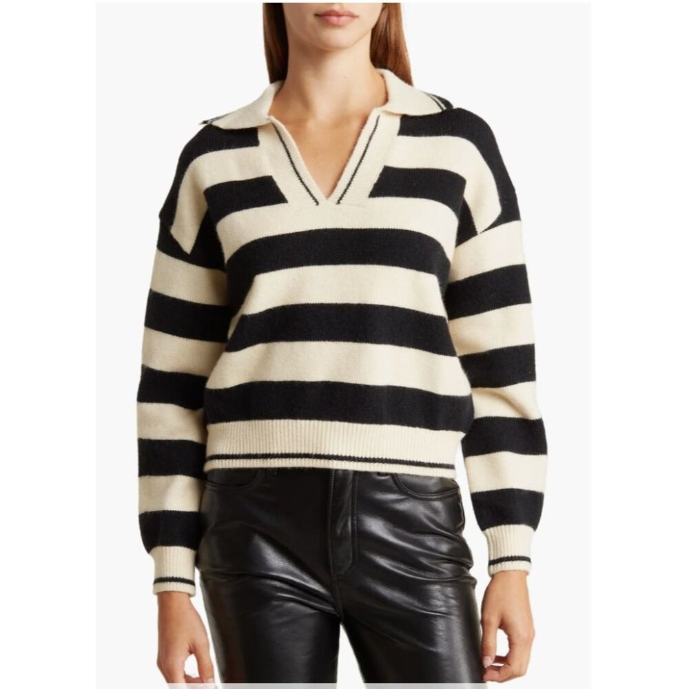 Frnch Paris Women's Black Cream Mika Striped Collared Crop Sweater Size S 3079 - Picture 2 of 12